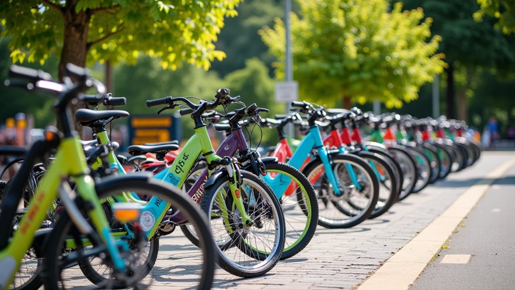 Colorful rental bikes lined up at a sunny rental station with clear directional signage