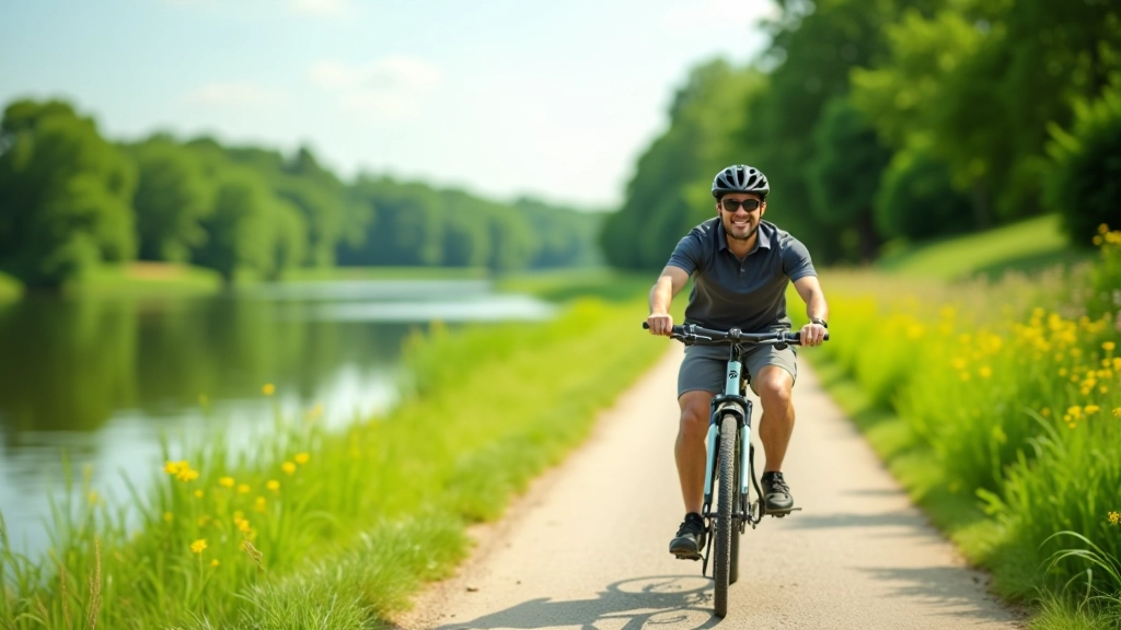 Gentle cycling path along river valley with water visible on one side and trees on the other