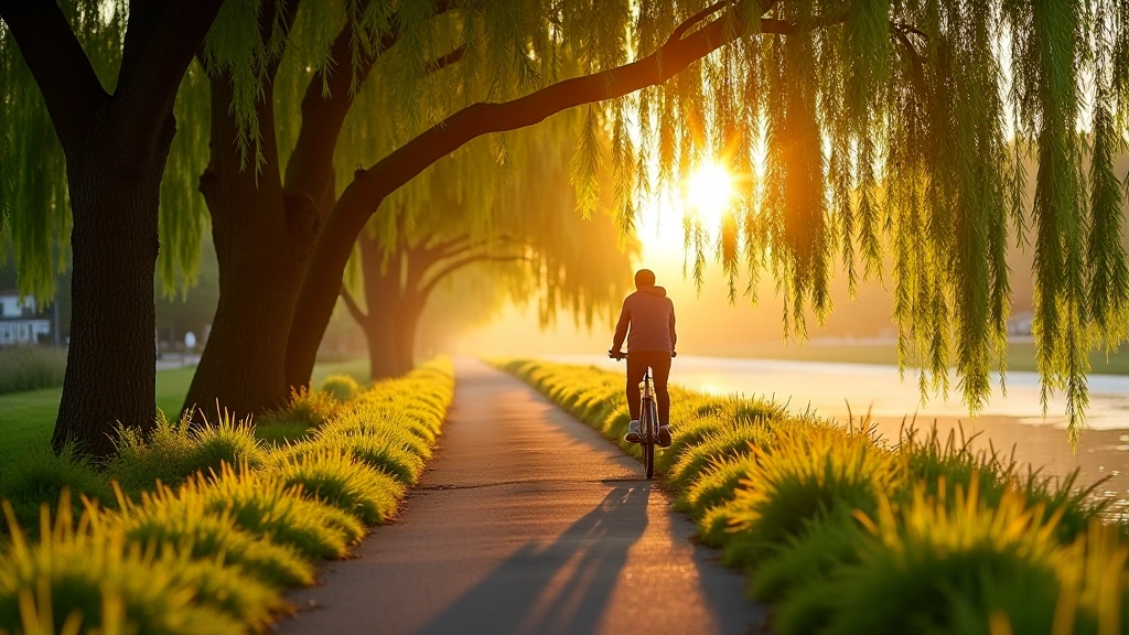 Scenic cycling path along Třeboň pond with willow trees and calm water reflections