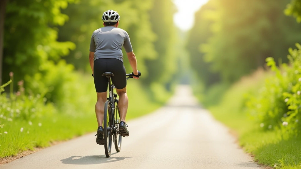 Person on bicycle demonstrating proper riding posture on flat path, showing correct body position and hand placement