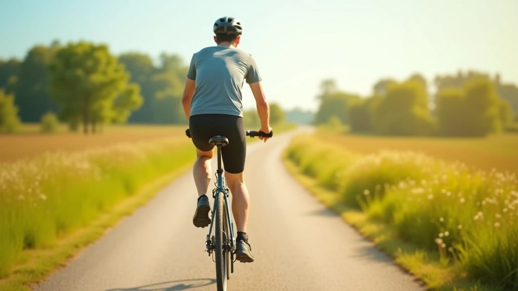 Cyclist riding on wide, well-maintained path through open countryside with distant trees