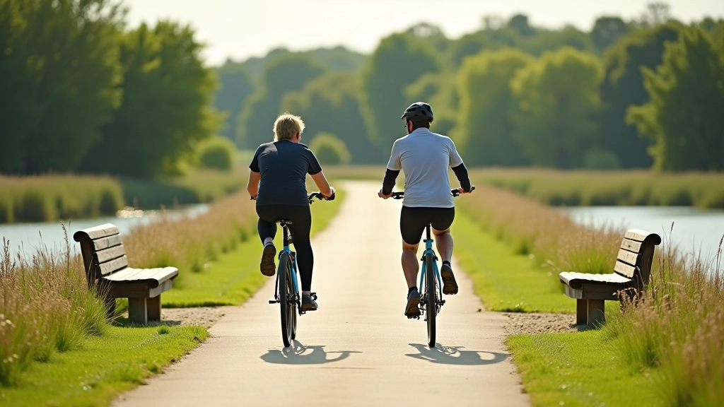 Cyclists riding on flat path between Třeboň ponds with wooden benches and scenic water views