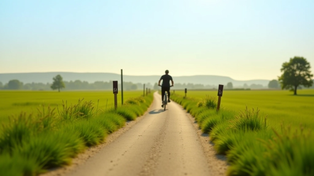 Flat cycling trail through green meadows with distance markers and signage