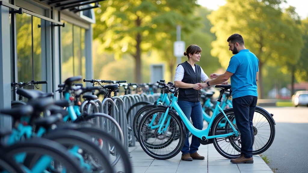 Modern bike rental station with multiple bicycles available