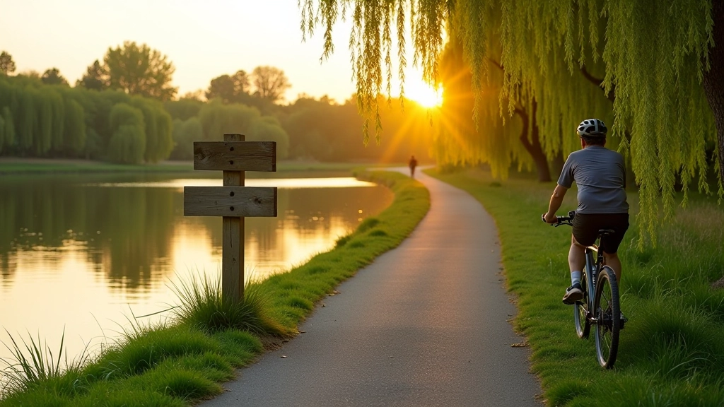 Scenic cycling path alongside Třeboň pond with water reflections and natural vegetation