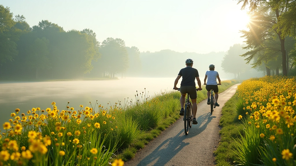 Spring morning at Třeboň ponds with wildflowers, mist over water, and clear cycling path
