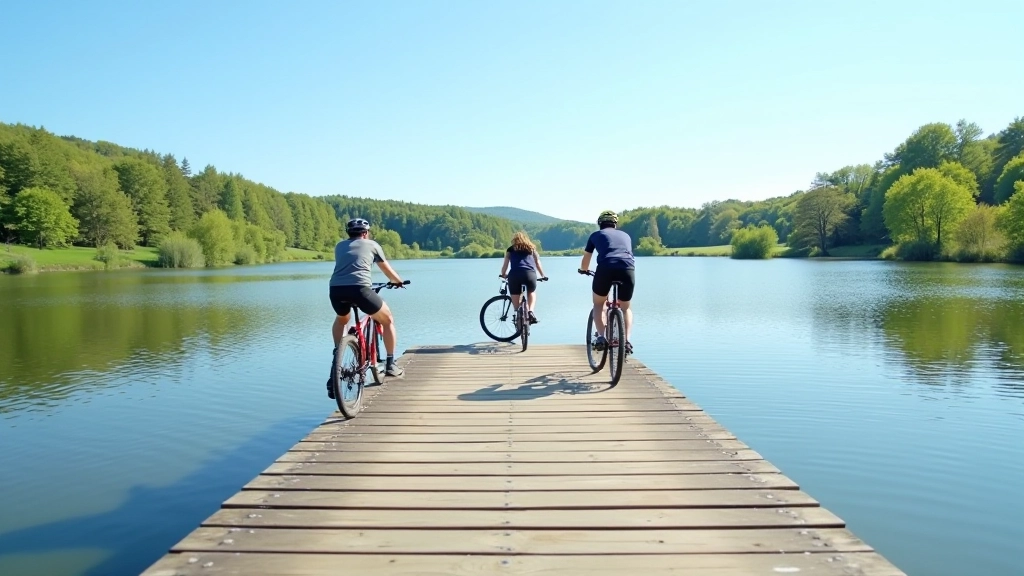 Wooden dock at Třeboň pond with cyclists resting and viewing landscape